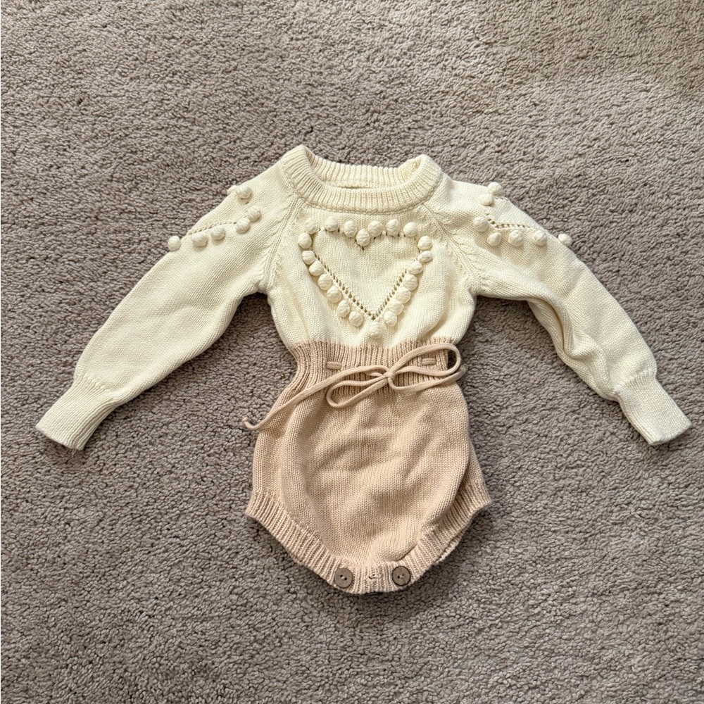 Cream and Tan Knit Baby Romper